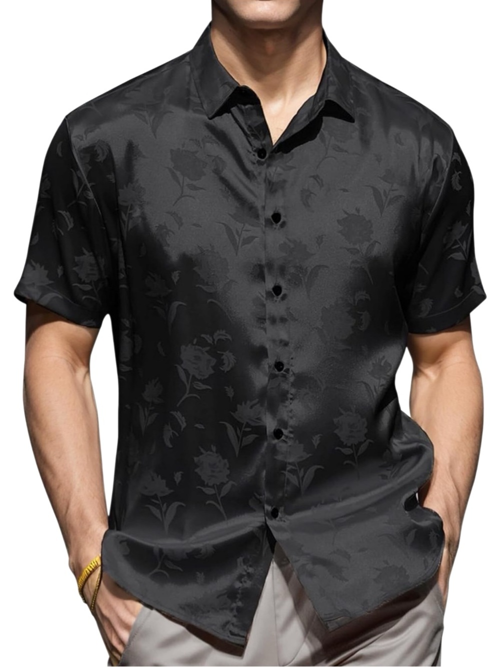 Forever Young Satin Jacquard Black Floral Shirt Size Medium